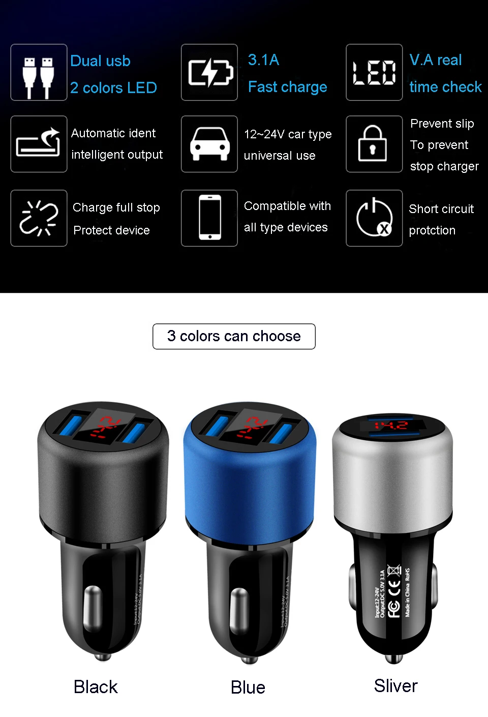 15 Вт двойное USB Автомобильное зарядное устройство 3.1A 5 в светодиодный дисплей Быстрая зарядка Смарт автомобильное зарядное устройство адаптер для samsung Xiaomi Мобильный телефон планшет