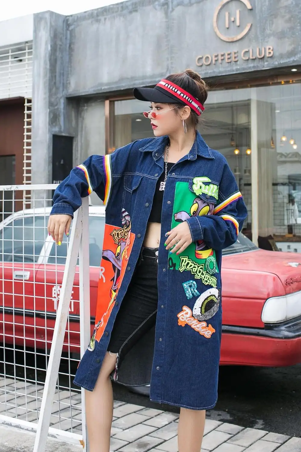 Women Full Sleeve Cartoon Jacket Long Style Patchwork Denim Coat Autumn High Street Outfit Cardigan