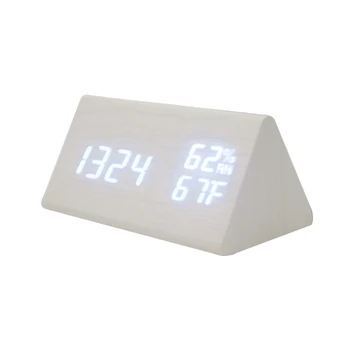 

Rechargeable Battery Voice Control Humidity Displaying Bedroom LED Wooden Alarm Clock Triangle Despertador Adjustable Brightness