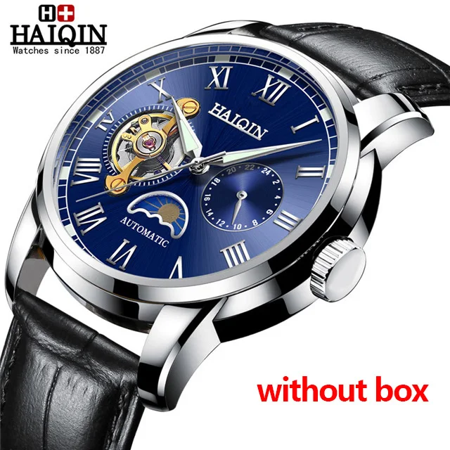 Автоматическая техника, мужские часы, HAIQIN, новинка, топ класса люкс, брендовые часы для мужчин, деловые стальные часы, мужские часы с Луной, reloj hombre - Цвет: Silver blue-L