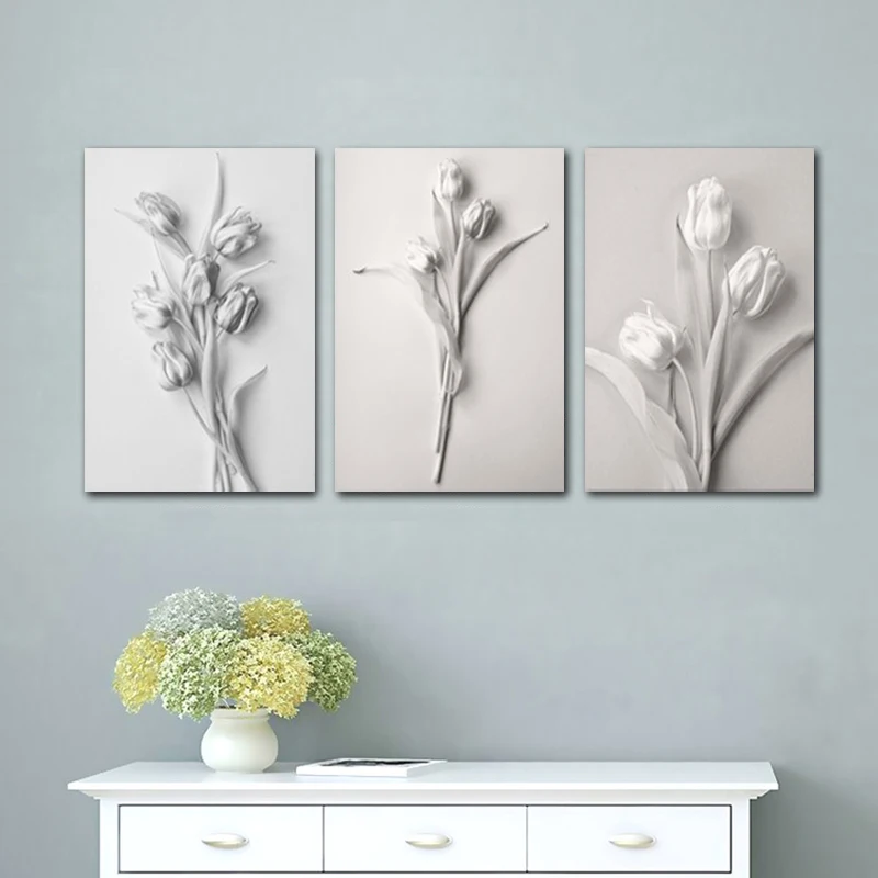 

3 Pieces Abstract White Nordic Vintage 3D Flower Embossed Posters Pictures Canvas Wall Art Home Decor Paintings Room Decorations