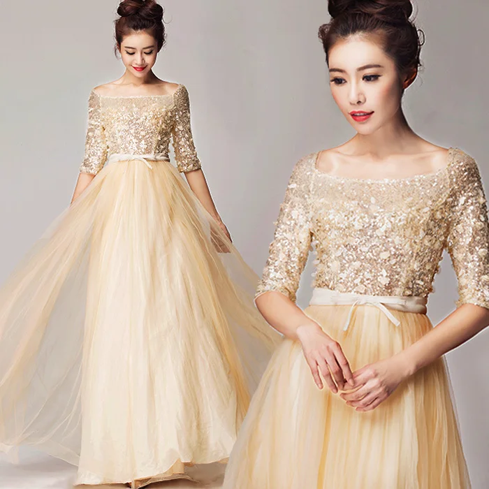 Sequined Formal Gown Prom Free Shipping vestidos de noche Half Sleeve Long bridesmaid dresses