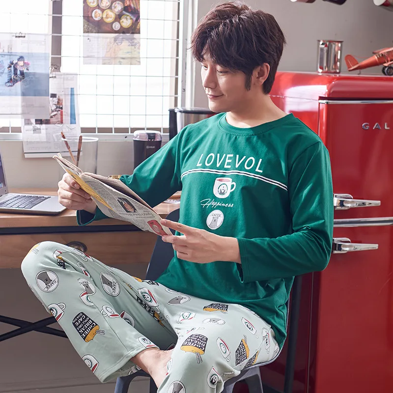 

Spring And Autumn 6535 Cotton Pajamas Men's Long Sleeve Thin Home Wear-Outer Wear Men's Young And Middle-aged Set Japanese Korea