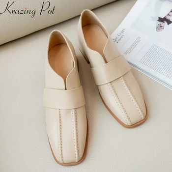 

Krazing pot simple genuine leather square toe med heel handmade breathable British school style deep mouth hook spring pumps L72