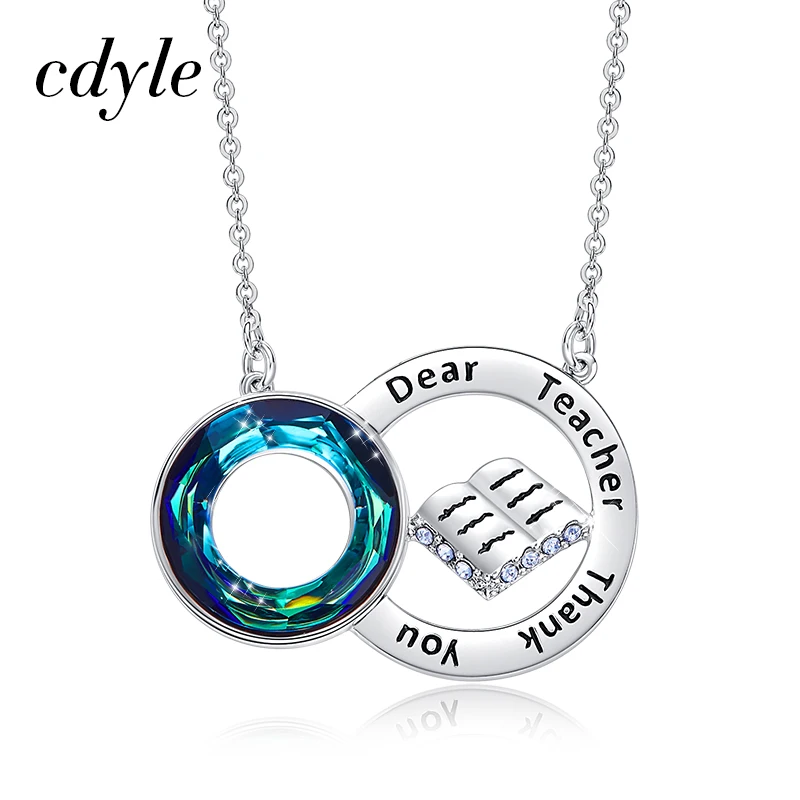 

Cdyle Custom Crystal Jewelry Dear Teacher Thank You Round Letter Necklace with Book for Friends Graduation Gifts
