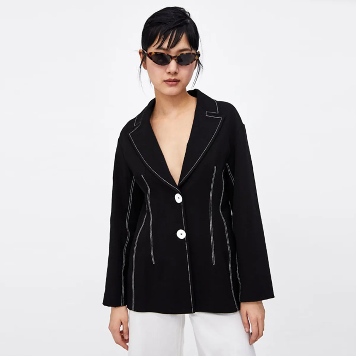 

Hot Selling European And American Minimalist Cool Contrast Color Decorative Open-line Doubled Lapel Collar Double-Buttoned Long