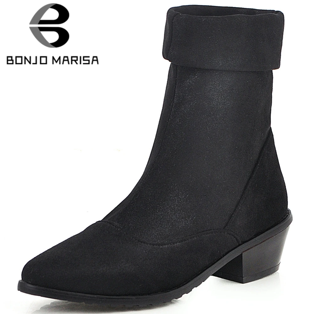 

BONJOMARISA Elegant Brand Lady Chunky Heels Boots Casual Pointed Toe Boots Women Slip On Winter Warm Square Heels Shoes Woman