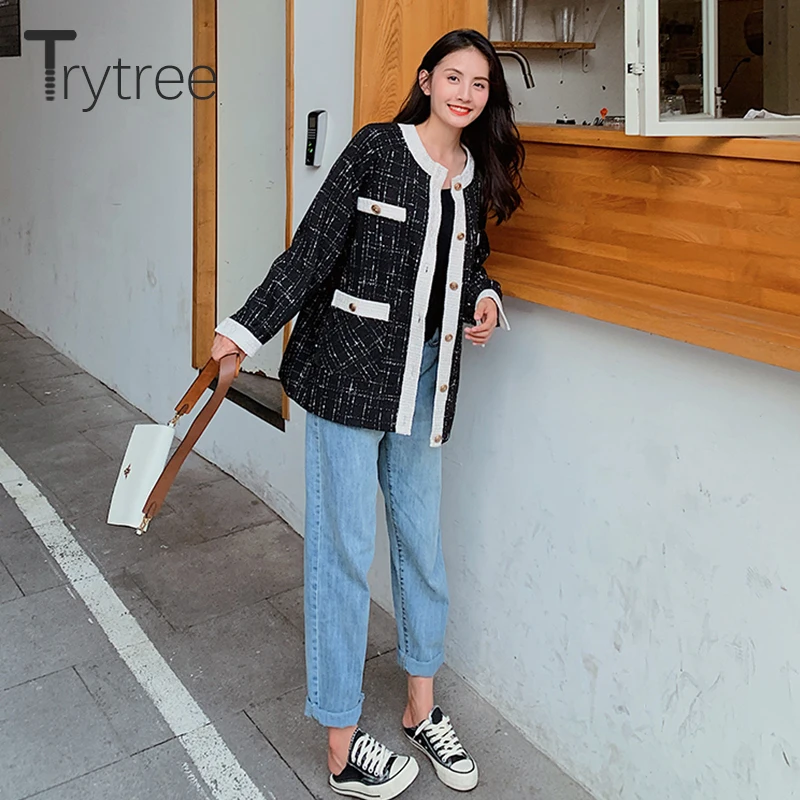 Осенне зимнее женское повседневное клетчатое пальто Trytree вязаное однобортное