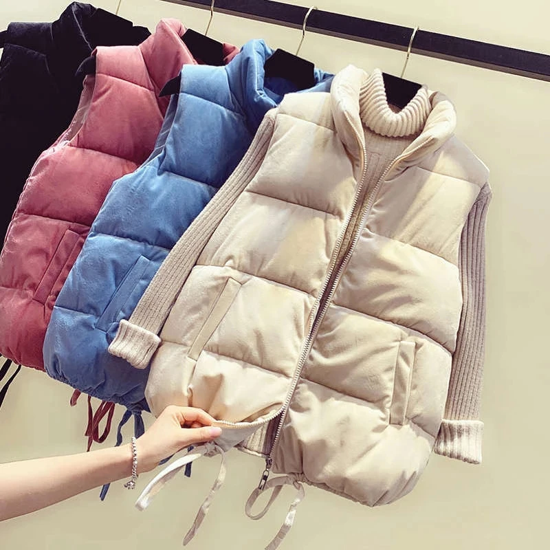 Golden Velvet Cotton Vest Women Sleeveless Loose Short Autumn Winter Jacket Stand Collar Thick Warm Vests Waistcoat | Женская одежда
