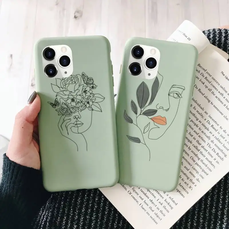 Art line Retro Abstract Geometry leaves Phone Case Green Candy Color for iPhone 11 12 mini pro XS MAX 8 7 6 6S Plus X SE 2020 XR | Мобильные