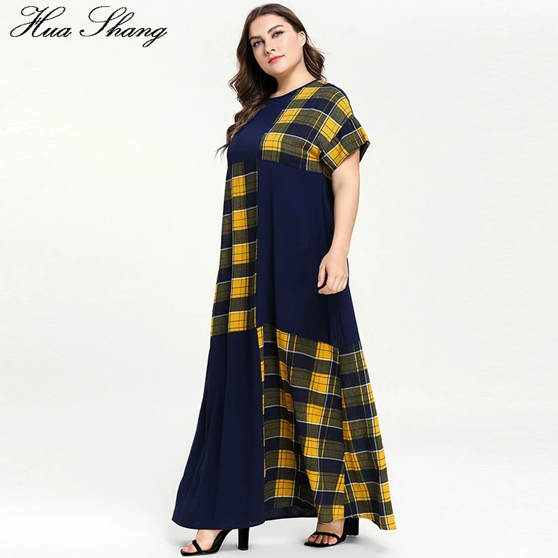 Plaid Contrast Color Elegant Dress Women Summer O Neck Short Sleeve Maxi Long Dress Plus Size Ladies Tunic Abayas Muslim Dresses