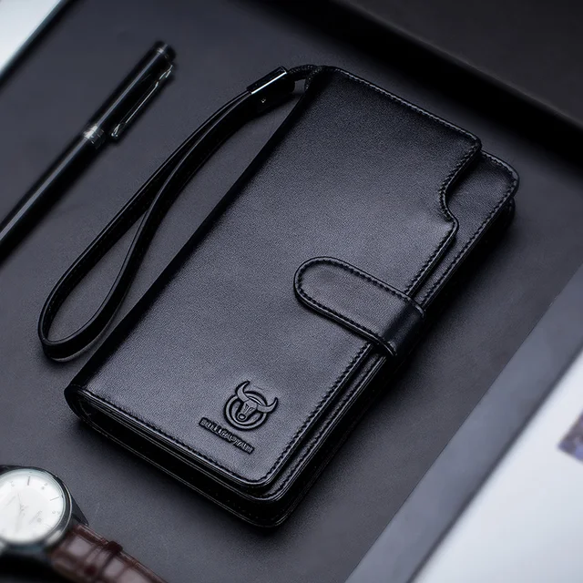 BULLCAPTAIN Men Long Wallet Clutch Bag Credit Card Holder Purses Carteras Billetera Hombre Leather Money Portfe Carte Black
