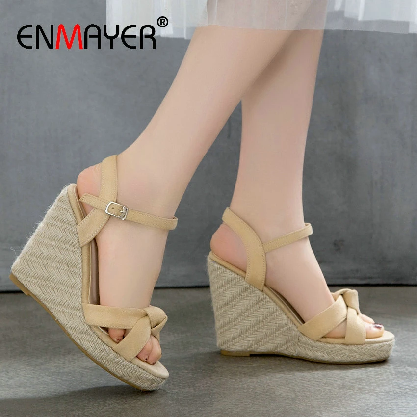 ENMAYER Flock Basic Buckle Strap Sandals Women Butterfly-knot Casual Wedges Shoes for Round Toe High Heels | Обувь