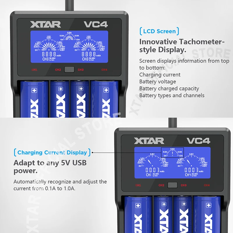 XTAR VC4 Батарея Зарядное устройство ЖК-дисплей USB Зарядное устройство для 10440/14500/18350/17500/18500/18700/21700/20700/18650 Re Зарядное устройство может Батарея Зарядное устройство