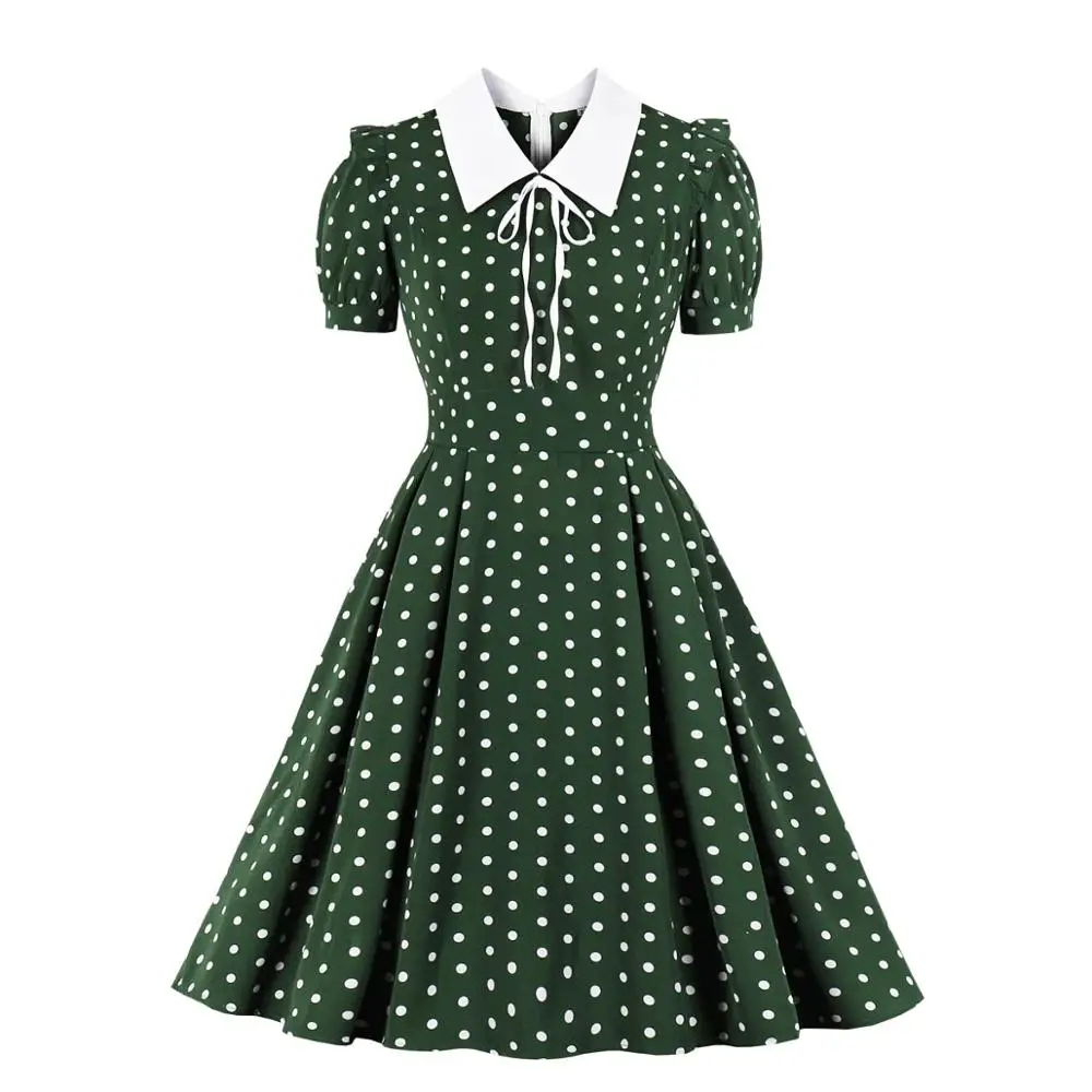 

Vintage Style Green Polka Dots Women Dress VD1560 Retro 50s 60s Ladies Party Dress Short Sleeve A Line Elegant Dress