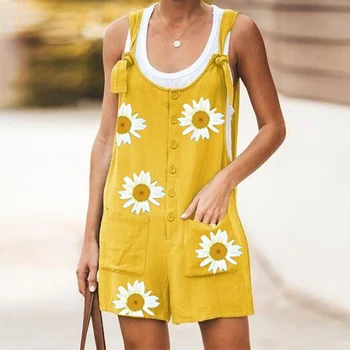 

Cotton Linen Rompers Summer Women Sleeveless Daisy Print Casual Overalls Comfort Flower Jumpsuits Girls Short Wide Leg Pants