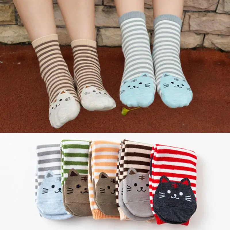 

Girls Spring Autumn Knitted Long Over Ankle Socks Contrast Color Striped Cute Meow Cat Printed Heel Cotton Hosiery Gift Random