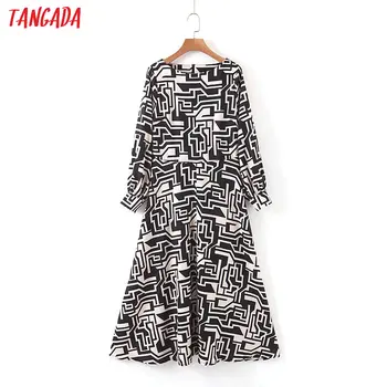 

Tangada Fashion Women geometric Print chiffon Dress Long Sleeve French style Female Pleated midi dress Vestidos SL180