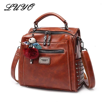 

2019 Vintage Genuine Leather Rivet Women Backpack Female Back Pack Lady Real Backpacks Fashion Mochila Rugzak Bagpack Sac A Dos