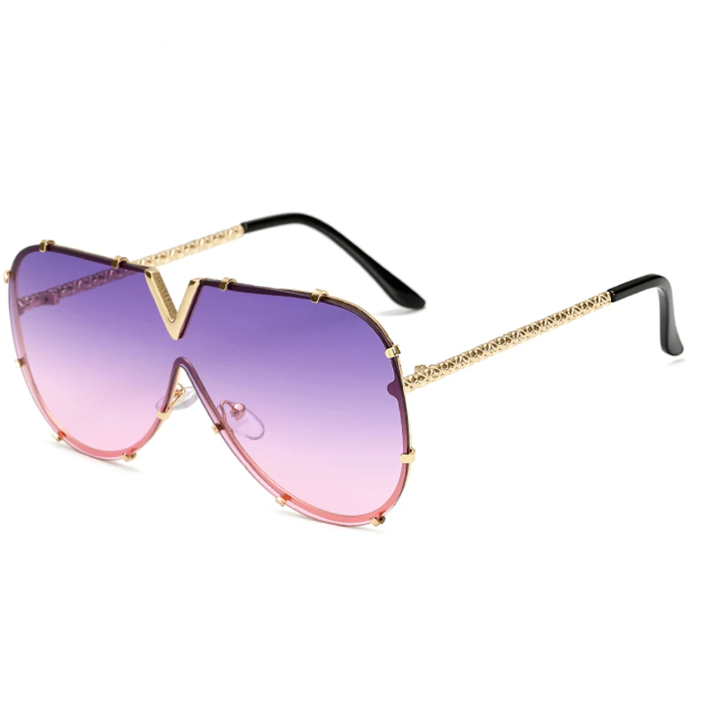 Purple Pink Lens Gozluguнегабаритных V солнцезащитные очки для женщин и мужчин люксовый бренд металлическая оправа зеркальные солнцезащитные очки крутые UV400 очки для вождения - Lenses Color: Purple Pink Lens