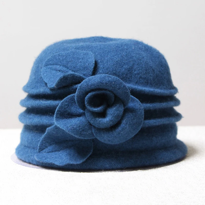 Повседневная теплая Осенняя мягкая флоппи-шляпа с цветочным принтом для девушек, берет, Панама, бини, шапка, Женская фетровая зимняя шапка из чистой шерсти - Цвет: Синий