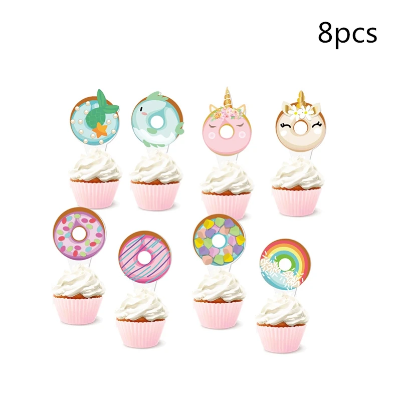 

8pcs Donut PhotoBooth Props Paper Cupcake Topper Birthday Party Table Decoration Kids Girl Boy Supplies Baby Shower Accessories