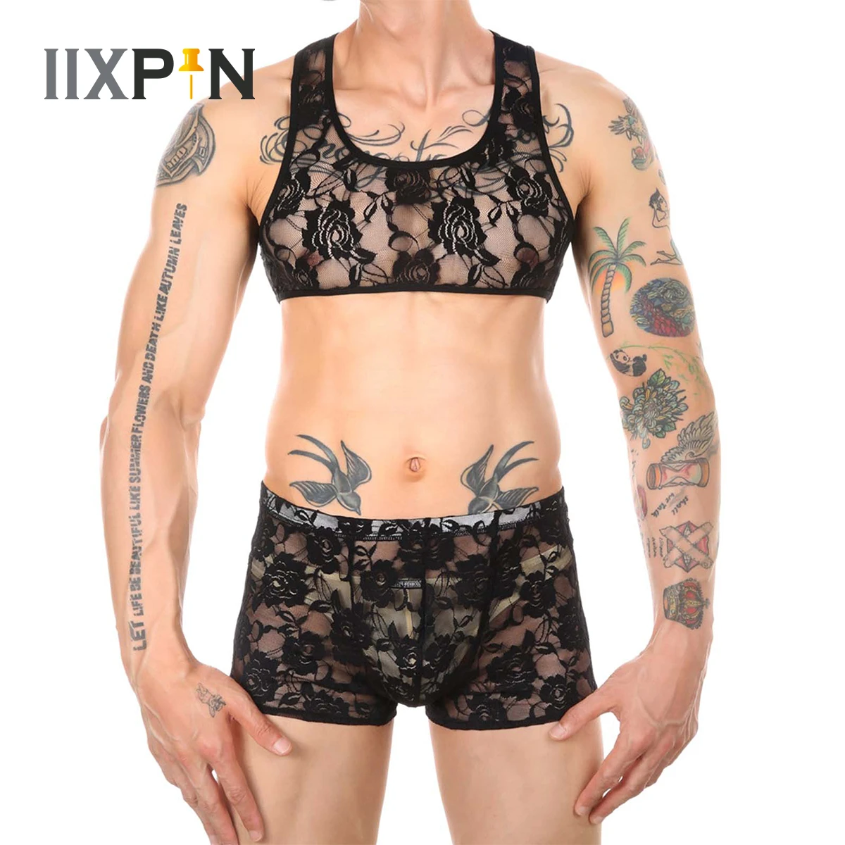 Conjunto de erótica encaje para hombre, ropa interior con flores, Top corto sin mangas con cortos, Sexy|Conjuntos de lencería| - AliExpress