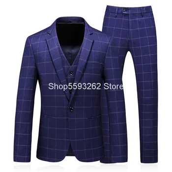 

Autumn Men Grid Suit Suit Three-piece Set Suit 8657