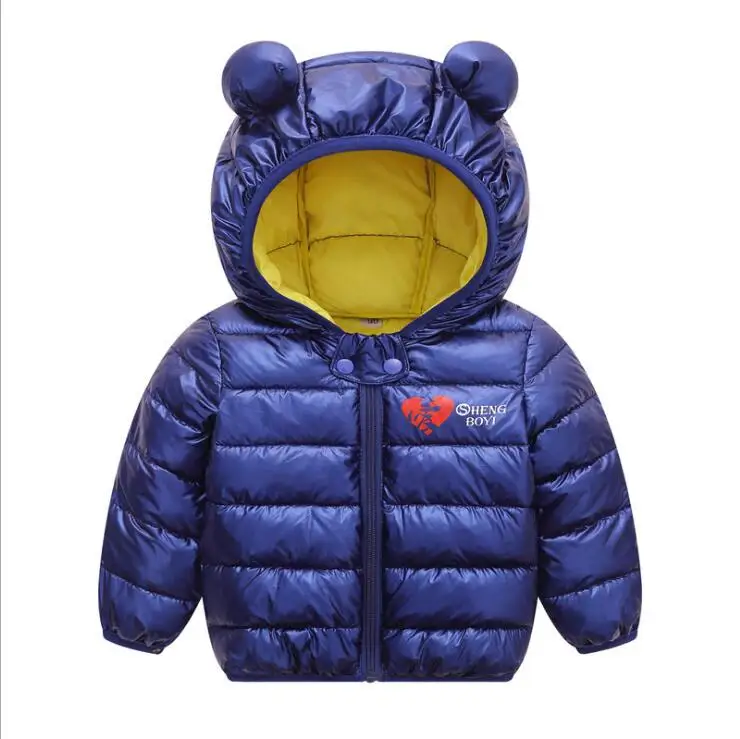 Осенне-зимняя теплая куртка для маленьких мальчиков и девочек пальто с капюшоном Детская Яркая Серебряная пуховая куртка, верхняя одежда детский зимний комбинезон - Цвет: blue