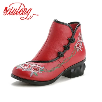 

Xiuteng 2020 Genuine Leather Women Mid-calf Boots Shoes Woman Autumn Winter Boots Women Shoes Embroidery Cowgirl Booties