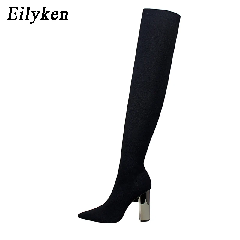 Black Eilyken/модные вязаные эластичные женские Сапоги выше колена на высоком каблуке; женские пикантные черные зимние сапоги с острым носком для ночного клуба; коллекция года - Цвет: Black