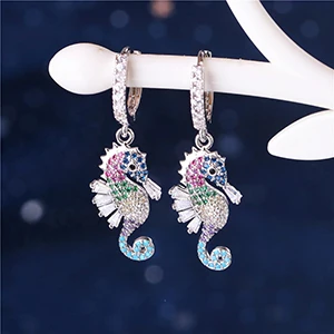 Silver Seahorse Маленькие женские серьги-кольца, фианит, фламинго, морской конек, собака, дьявол, арбуз, осьминог, попугай, лимонный коктейль, радужные ювелирные изделия, золотой цвет, для детей - Окраска металла: Silver Seahorse