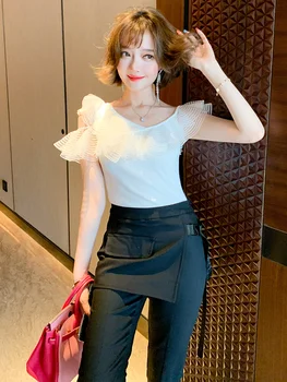 

Mesh Ruffled off-Shoulder Slim-Fit Sweater + Cool Stitching Casual Pants Suit, Female 2020 Early Autumn New