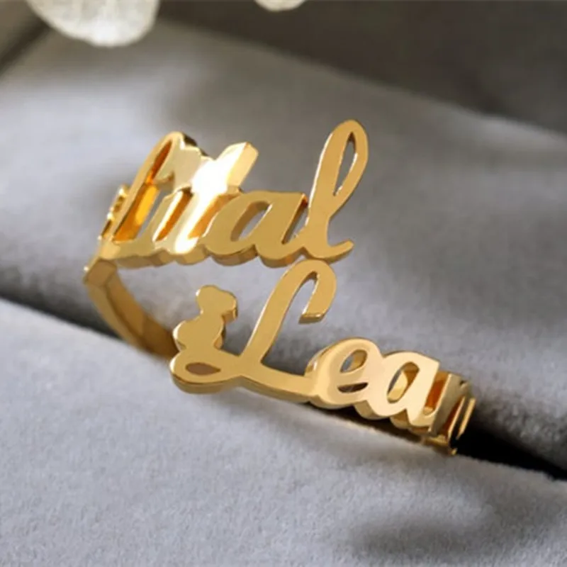 

Custom Two Name Ring For Women Stainless Steel Heart Cursive Jewelry Personalized Adjustable Double Name Ring
