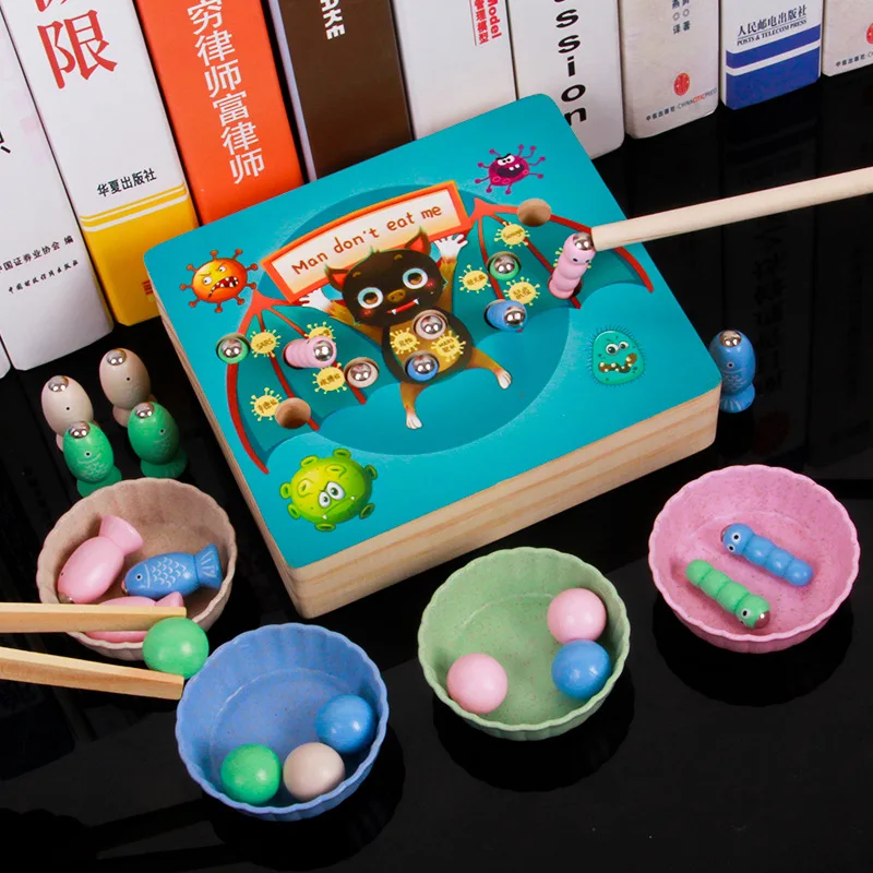Children Wood Multi-function Cartoon Virus Fishing Catch Insect Game Montessori Educational Toy Clip Beads Toys Kids Gifts | Игрушки и