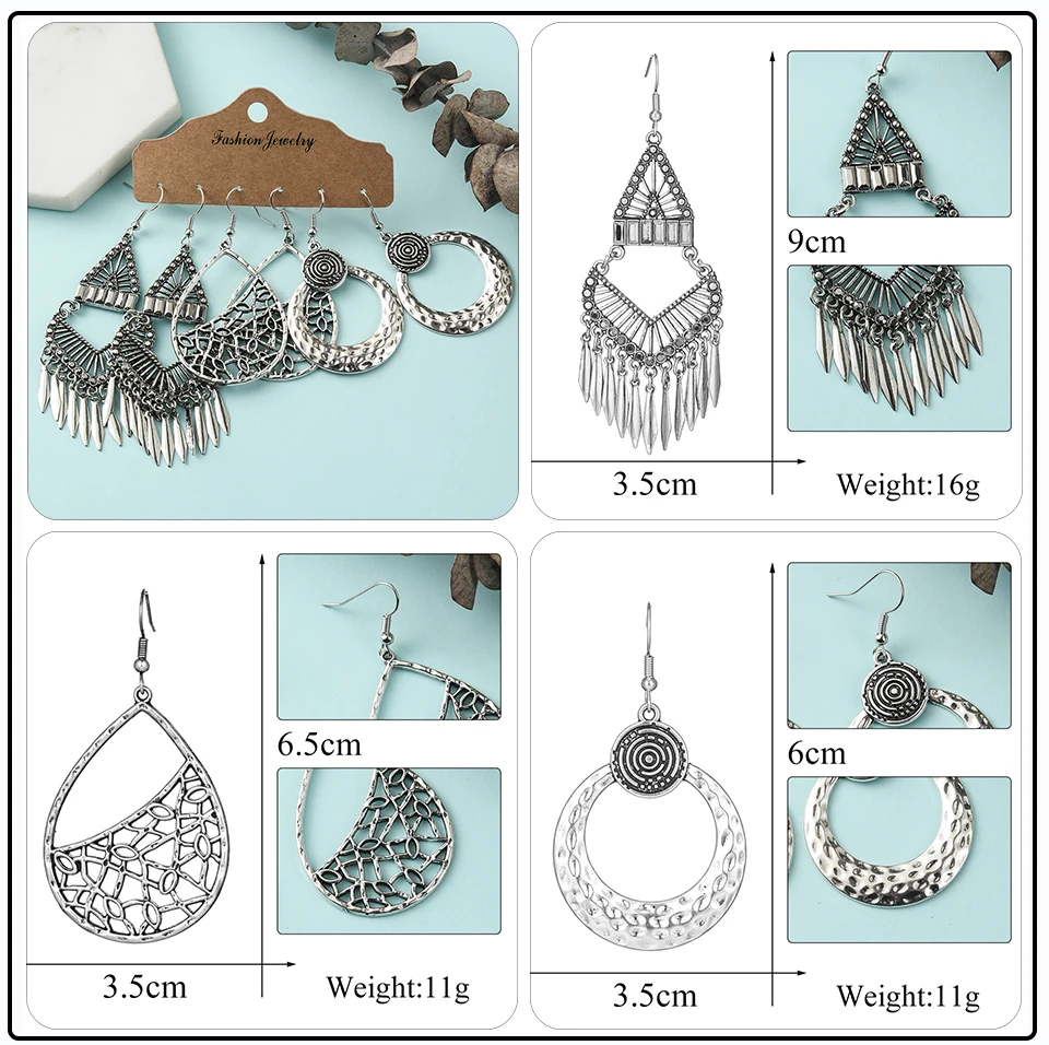 41 Style Silver Rose Gold Color Earrings Ethnic Bohemia Vintage Mixed Styles Long Leaf Big Round Circle Shell Shape Wooden Stones Beads Geometric Bronze Metal (1)