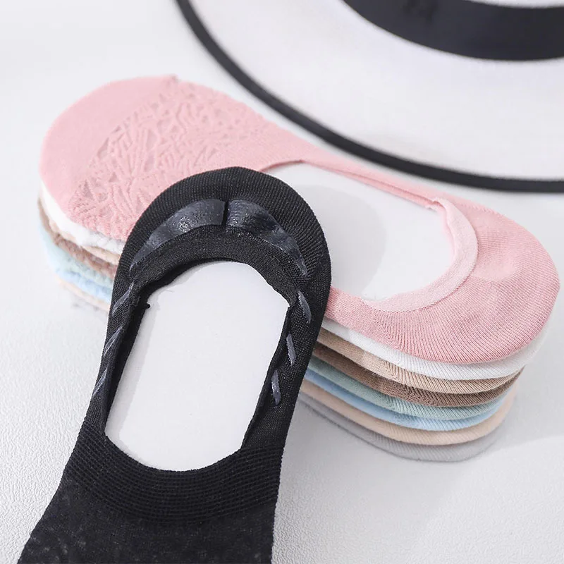 5 pcs/lot Summer cotton ladies solid color women socks silicone invisible socks mesh pattern non-slip ladies boat socks