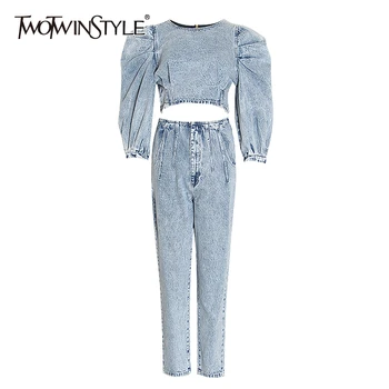 

TWOTWINSTYLE Damin Two Piece Set For Women Ruched Puff Three Quarter Sleeve Blouses High Waist Loose Pants Female Suit 2020 Tide