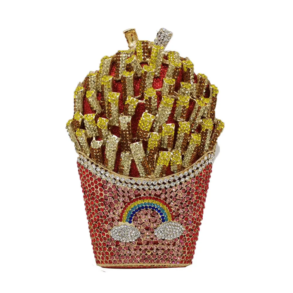 

Fashion Woman Cool Wild Metallic Diamond Fries Shape Rainbow Pattern Gemstone Dinner Bag High Quality Ins Show Drop Shipping