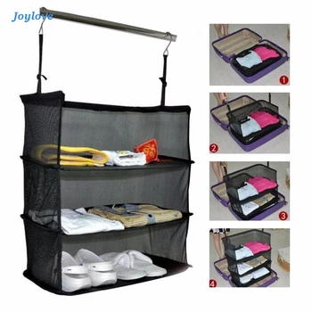 

JOYLOVE 3 Layers Portable Travel Storage Bag Hook Hanging Organizer Wardrobe Clothes Rack Shelves Travel Suitcase Black