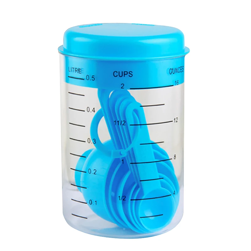 Blue 7 Pcs/Set Plastic Measuring Cup Kitchen Blue Measuring Tools Spoons Sets For Kitchen Baking Coffee Home Kitchen Tool - Color: Blue
