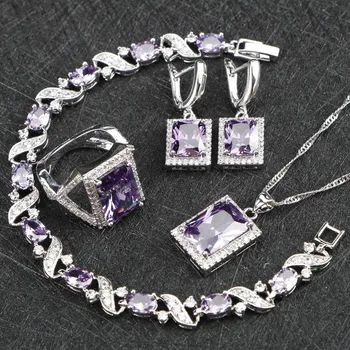 

Women's Silver 925 Jewelry Sets AAA+ Purple Stones White CZ Necklace Earrings Ring Bracelets Costume sets Free Jewelry Box