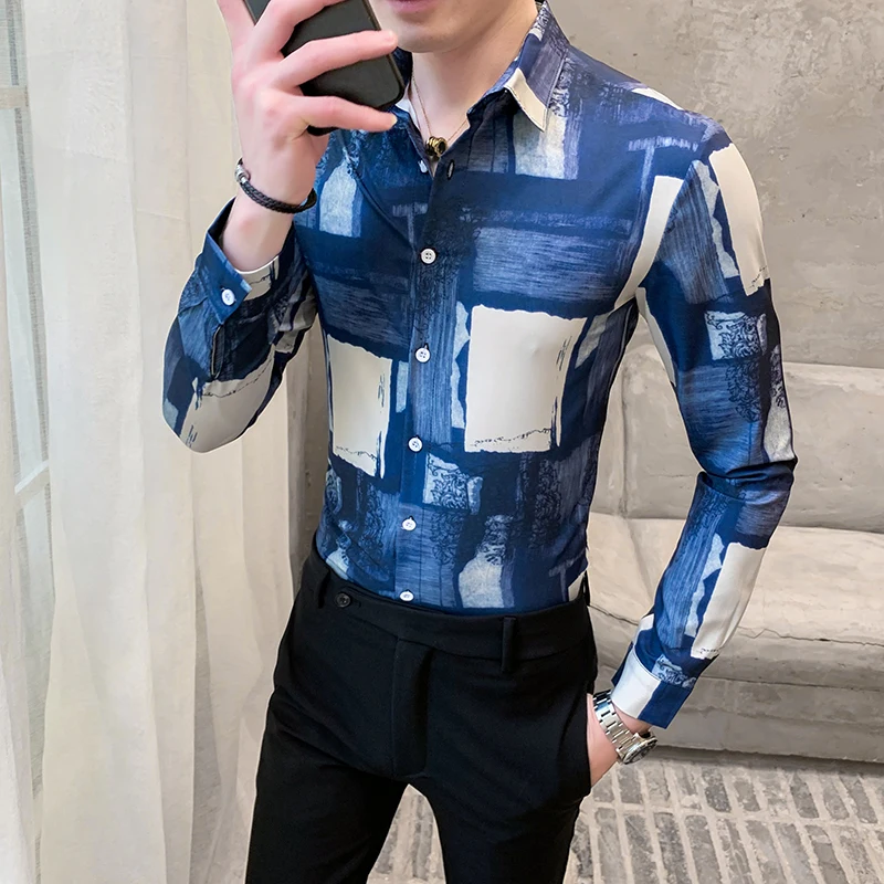 Camisas Fiesta, клетчатая рубашка с принтом, Мужская одежда для ночного клуба, рубашки с цветочным принтом, мужские рубашки с длинным рукавом, облегающие мужские дизайнерские рубашки