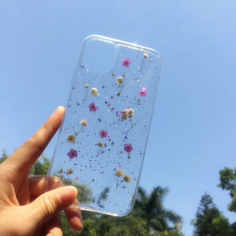 Прессованные сухие чехлы для телефонов с изображением цветов для iPhone 11 X XR XS Max 6 6S 7 8 Plus 11 Pro Max Блестящий настоящий цветочный прозрачный силиконовый чехол