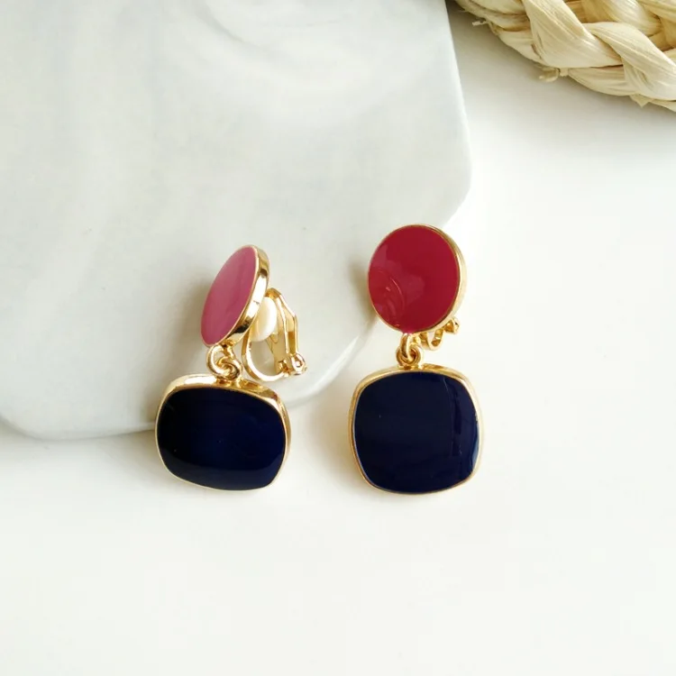 Clip Earrings Pink Винтажный геометрический Разноцветные серьги простые желтые зеленые серьги - Metal Color: Clip Earrings Pink
