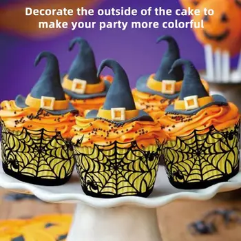 

25pcs Hollow Spider Web Pumpkin Witch Black Cupcake Rim Kitchen Baking Cup Spider Web Cup Cake Decoration Tool