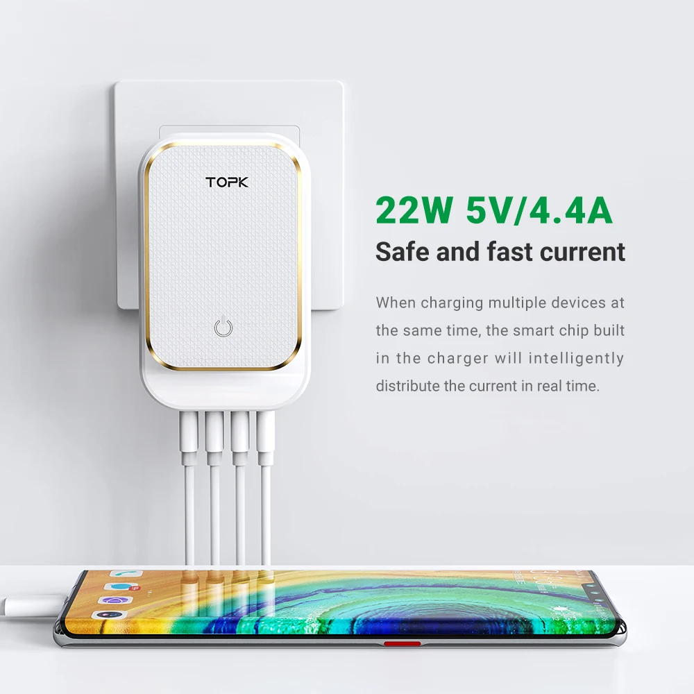 TOPK 4 Порты и разъёмы 4.4A (макс.) 22W Европейская USB Зарядка адаптер Светодиодный