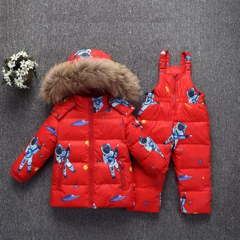 

2019 New Winter Girls & Boys Clothes Sets Fur Collar Down Coats + Overalls Children Warm Suit For Girls & Boys 2-5 Years