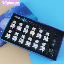 Highergo – ensemble de stylos en verre à fleurs 3D, 16 pièces/boîte, 12 couleurs d'encre, cadeau fait à la main, Kits de calligraphie pour écriture et dessin, fournitures d'art