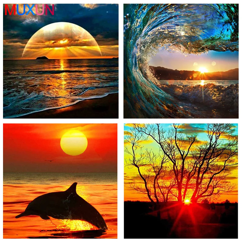 

Muxun Diy 5D Diamond Embroidery Scenery Sunset On The Beach Diamond Painting Cross Stitch Home Decoration Round Drill Gift Jq343